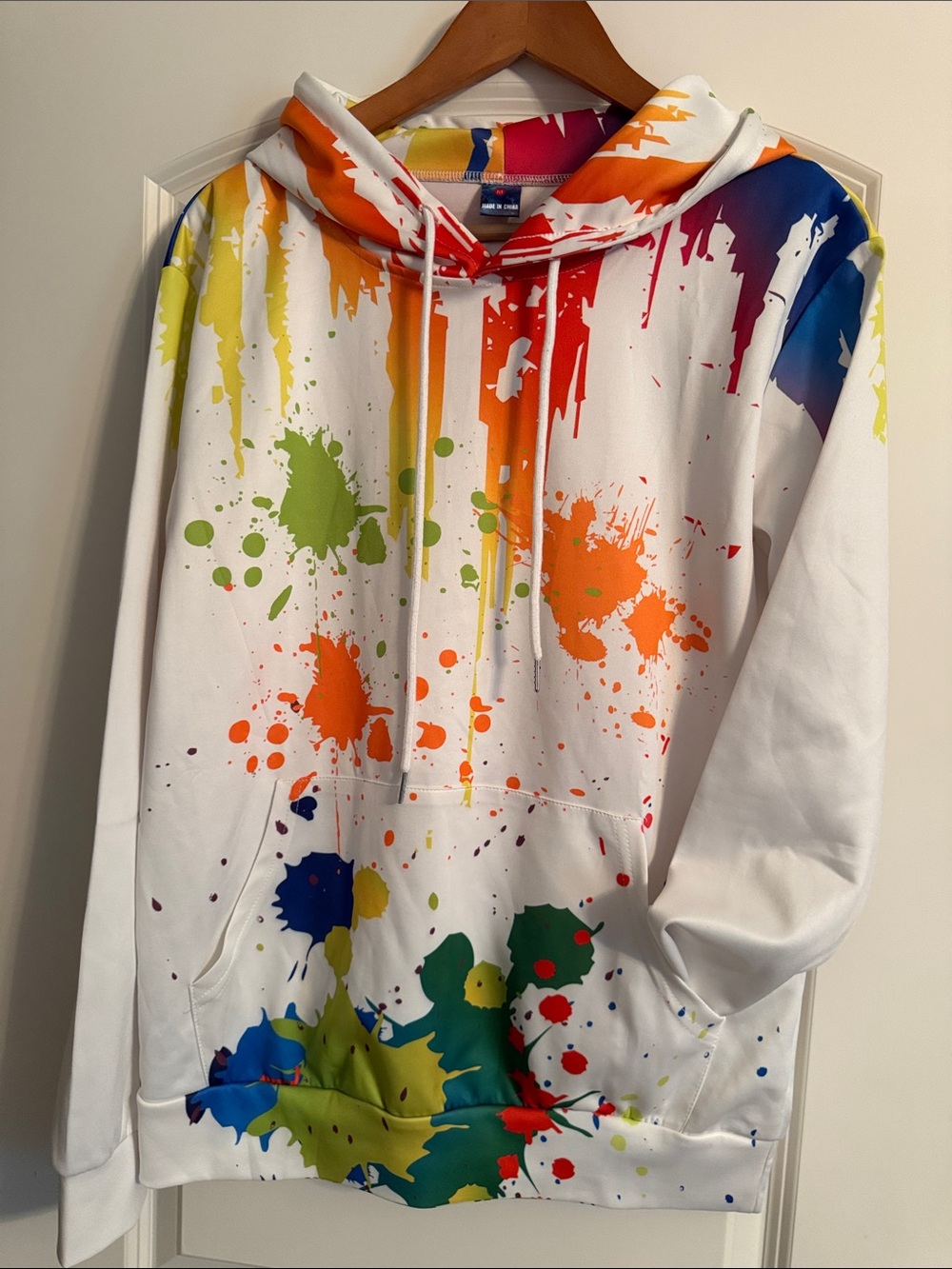 Men’s White Paint-Splash Hoodie with Rainbow Splatter